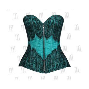 Light Green and Black Overbust Corset with Eyelash Lace Overlay & Silver Zipper